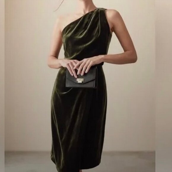 Reiss Dresses & Skirts - NWT Reiss EDEN Green Velvet One Shoulder Evening Cocktail Midi Dress Size 4